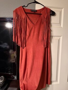 Idyllwind Rust Fringe V-Neck Mini Dress